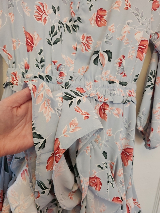 Light Blue Floral Long Sleeve Tie-Waist Dress Size Large Like-new - Picture 8 of 13